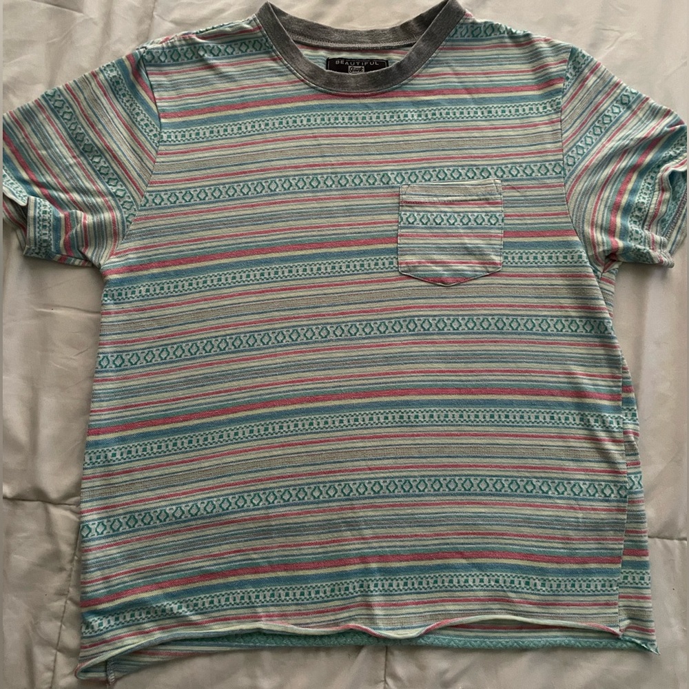 Beautiful Giant Sm/Med Striped Pastel Short-Sleeve Pocket Tee in Mint and Coral